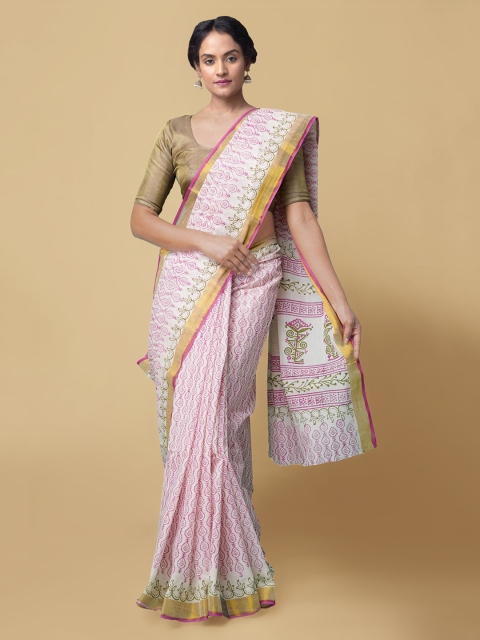 

Unnati Silks Cream-Coloured Pure Cotton Printed Kasavu Saree