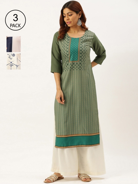 

7Threads Pack of 3 Women Printed Crepe Kurta, Green