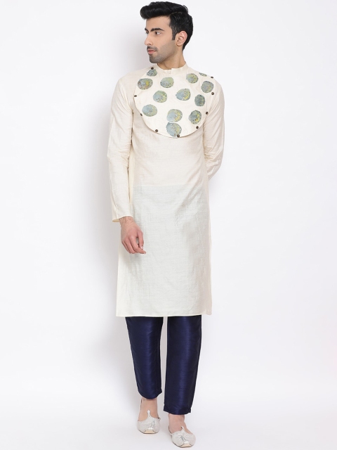 

DEVOILER Men Off White Geometric Yoke Design Kurta