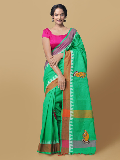 

Unnati Silks Green Pure Cotton Solid Mangalagiri Saree
