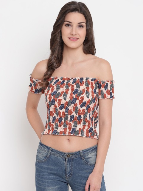 Aawari Multicoloured Floral Off-Shoulder Bardot Smocking Crop Top, Multi