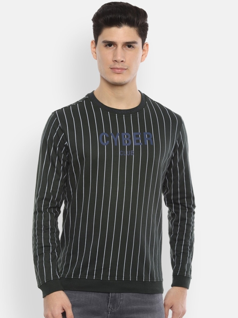 

V Dot Men Green & Off-White Striped Sweatshirt