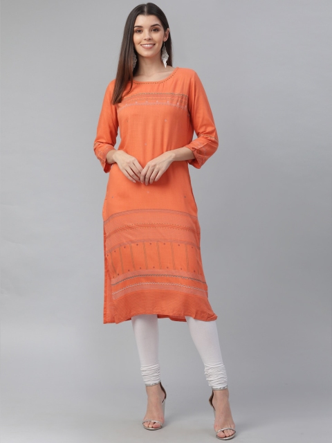 

nesara Women Orange & Blue Geometric Rayon Printed Kurta