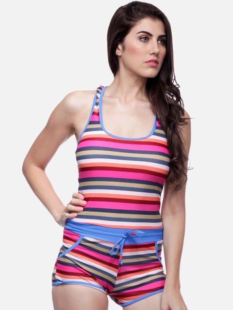 

Heart 2 Heart Women Multicoloured Striped Swimwear Bodysuit, Multi