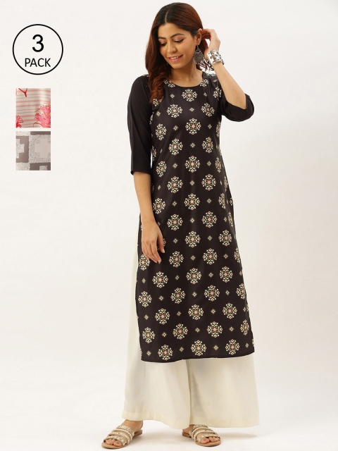 

7Threads Women Pack Of 3 Printed Crepe Kurta, Multi