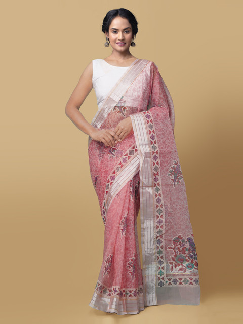 

Unnati Silks Pink Organza Printed Handloom Block Print Saree