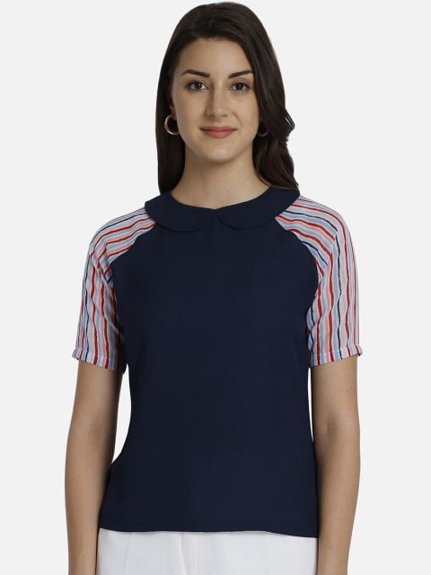 

Yaadleen Navy Blue Solid Peter Pan Collar Georgette Regular Top