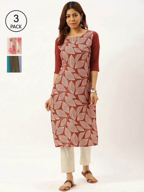 

7Threads Women Pack of 3 Floral Printed Crepe Kurtas, Red