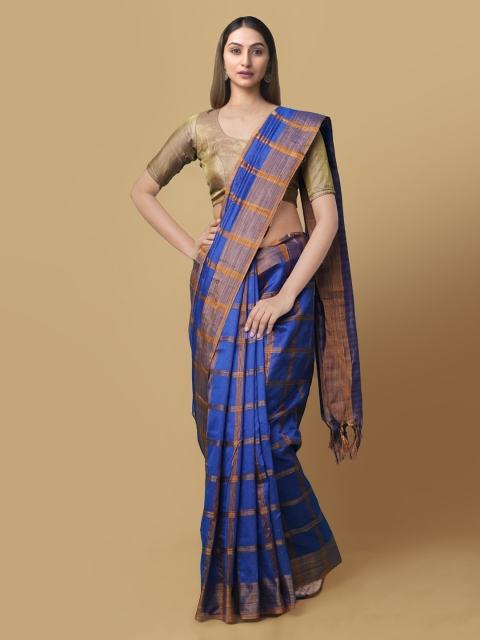 

Unnati Silks Blue Art Silk Checked Block Print Saree