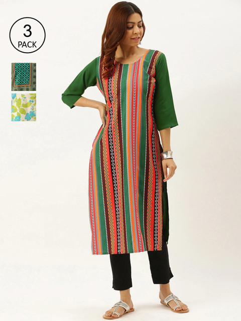 

7Threads Women Pack Of 3 Ethnic Motifs Printed Crepe Kurta, Multi