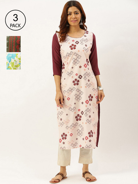 

7Threads Women Pack Of 3 Printed Crepe Kurta, Multi