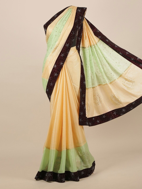 

Pothys Cream-Coloured & Green Poly Chiffon Striped Saree