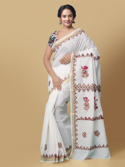 

Unnati Silks Cream-Coloured Embroidered Pure Cotton Saree