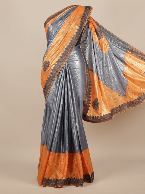 

Pothys Grey & Orange Jute Silk Colourblocked Saree