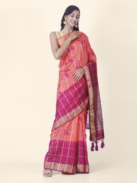 Hastakala Peach-Coloured Poly Silk Checked Banarasi Saree