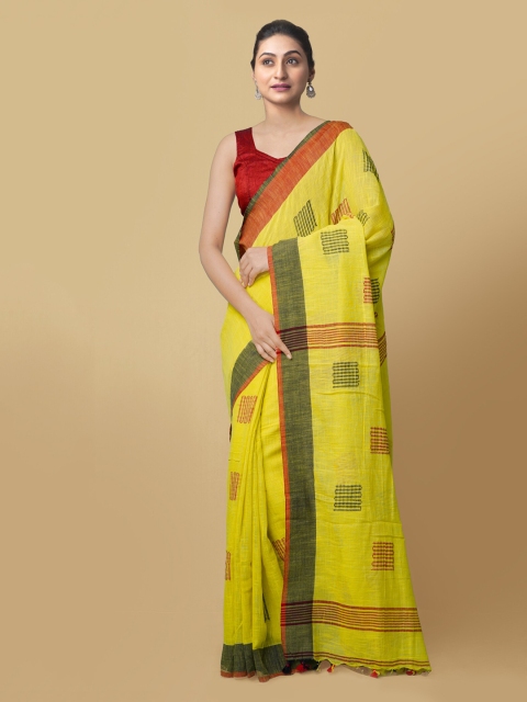 Unnati Silks Yellow Pure Linen Woven Design Jamdani Saree