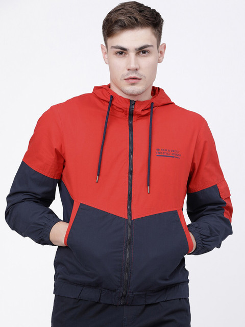 

Ecko Unltd Men Red & Navy Blue Colourblocked Pure Cotton Tailored Jacket