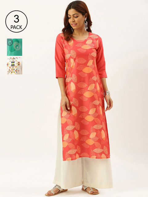 

7Threads Women Pack Of 3 Ethnic Motifs Printed Crepe Kurta, Red
