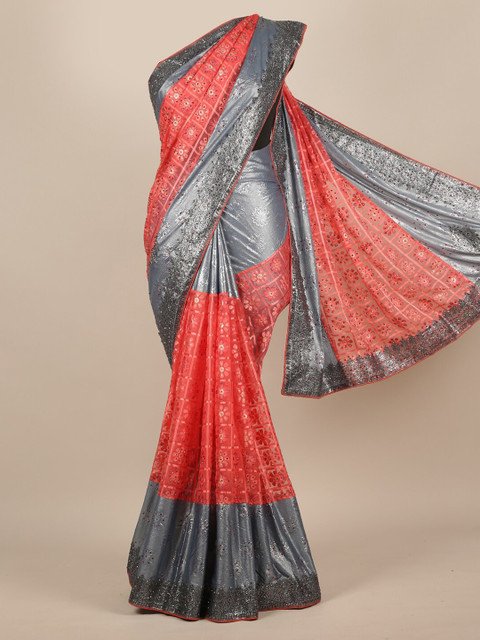 

Pothys Pink & Grey Poly Chiffon Embroidered Saree