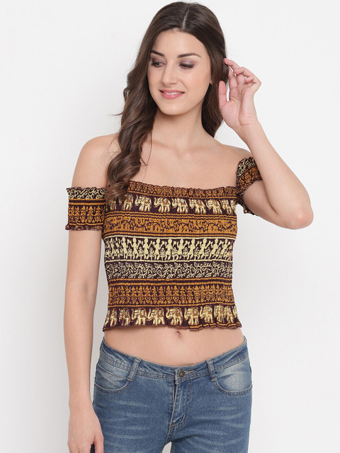

Aawari Women Multicoloured Tribal Printed Off-Shoulder Bardot Crop Top, Multi