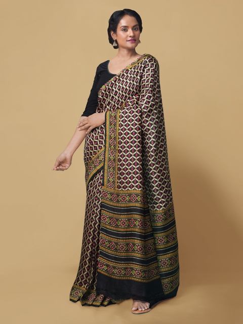 

Unnati Silks Black Pure Silk Printed Tussar Saree