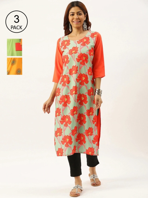 

7Threads Women Pack of 3 Ethnic Motifs Printed Crepe Kurtas, Green