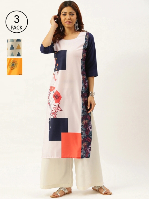 

7Threads Women Set Of 3 Geometric Printed Crepe Kurta, White