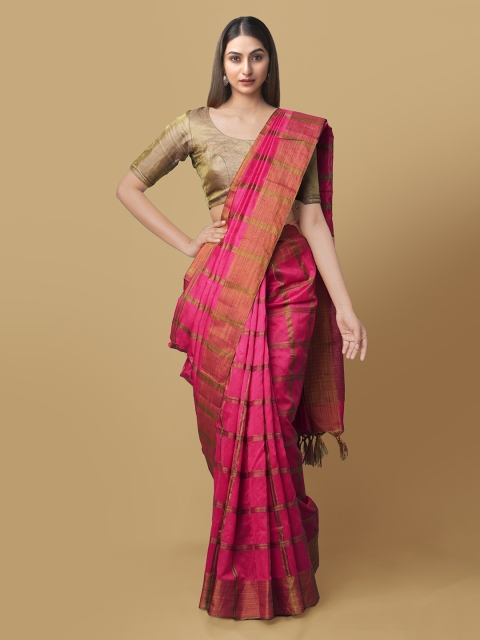 Unnati Silks Pink Art Silk Checked Block Print Saree