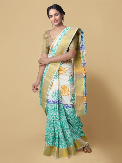 

Unnati Silks Green & White Pure Cotton Printed Kasavu Saree