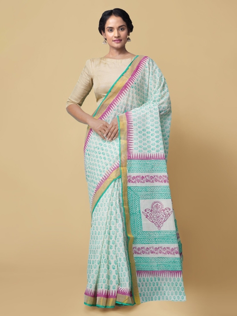 

Unnati Silks White & Green Pure Cotton Printed Saree
