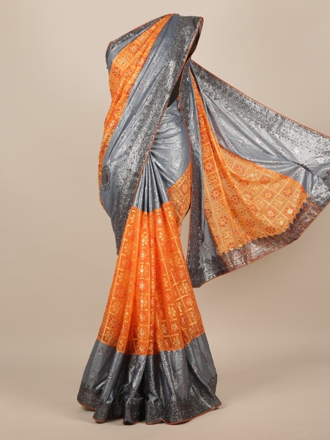 

Pothys Orange & Grey Poly Chiffon Embroidered Saree