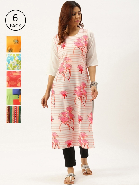 

7Threads Women Set Of 6 Thread Work Crepe Kurta, White
