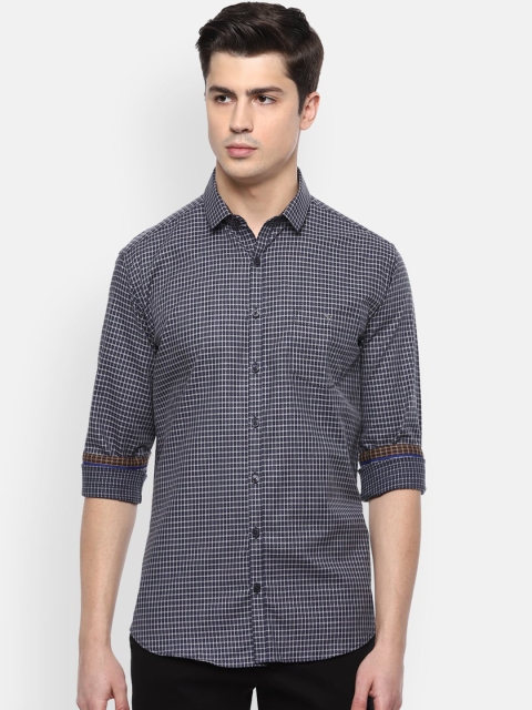 

V Dot Men Navy Blue & Grey Slim Fit Checked Casual Shirt
