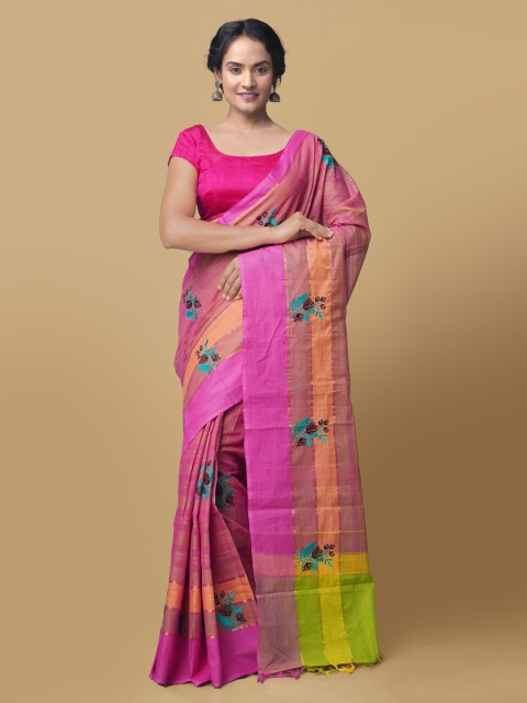 

Unnati Silks Pink Pure Cotton Embroidered Handloom Mangalagiri Saree