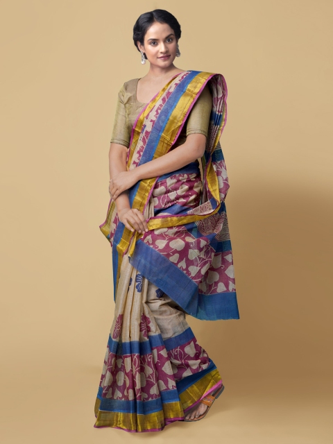 

Unnati Silks Brown & Magenta Pure Cotton Printed Block Print Saree