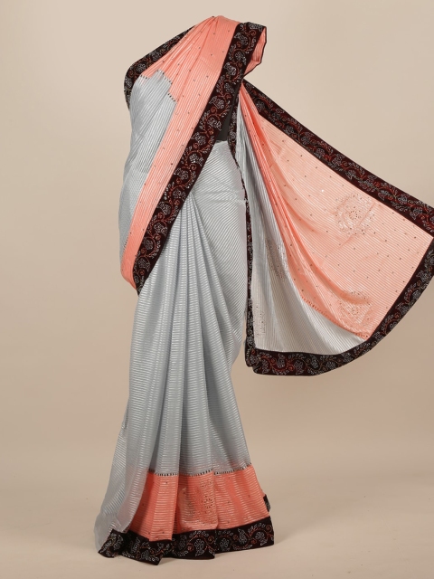 

Pothys Grey & Peach-Coloured Poly Chiffon Striped Saree