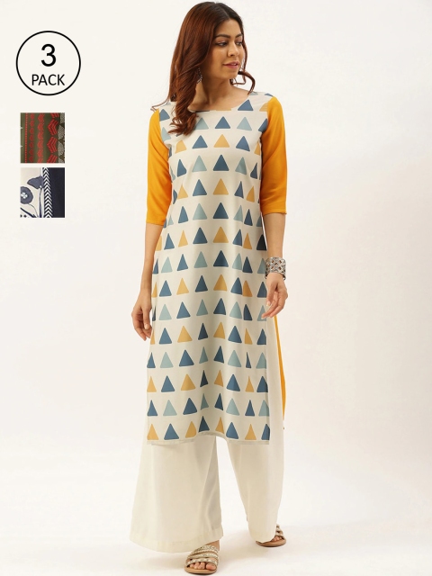

7Threads Women Pack of 3 Off White & Yellow Geometric Printed Crepe Kurta