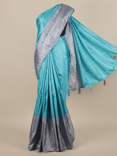 

Pothys Turquoise Blue Embellished Jute Silk Saree