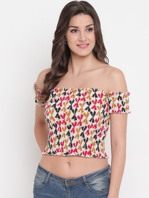 

Aawari Multicoloured Geometric Printed Off-Shoulder Bardot Crop Top, Multi