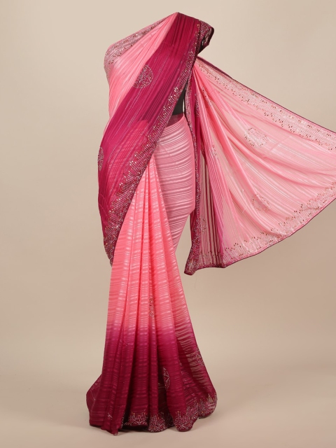 

Pothys Pink Striped Poly Chiffon Saree