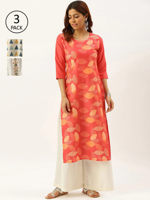 

7Threads Pack of 3 Women Multicoloured Printed Keyhole Neck Crepe Kurta, Multi