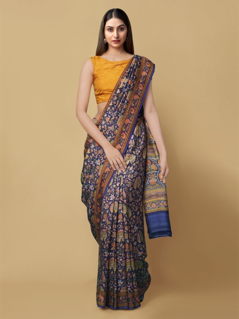 Unnati Silks Blue & Orange Pure Silk Woven Design Tussar Saree