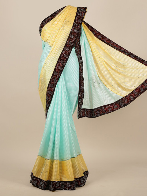 

Pothys Turquoise Blue & Yellow Poly Chiffon Colourblocked Saree
