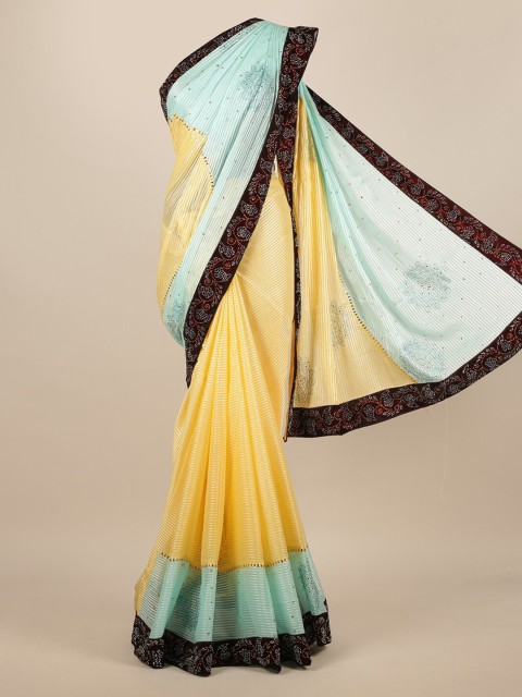 

Pothys Yellow & Sea Green Poly Chiffon Embellished Saree