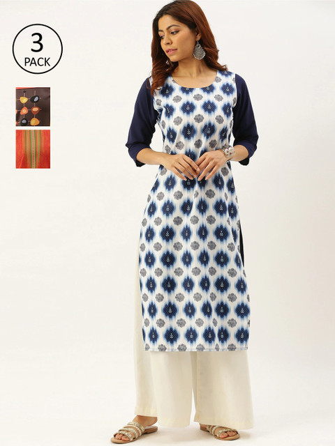 

7Threads Women Multicoloured Set of 3 Geometric Printed Crepe Kurta, Multi