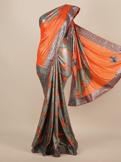 

Pothys Grey & Orange Jute Silk Embellished Saree