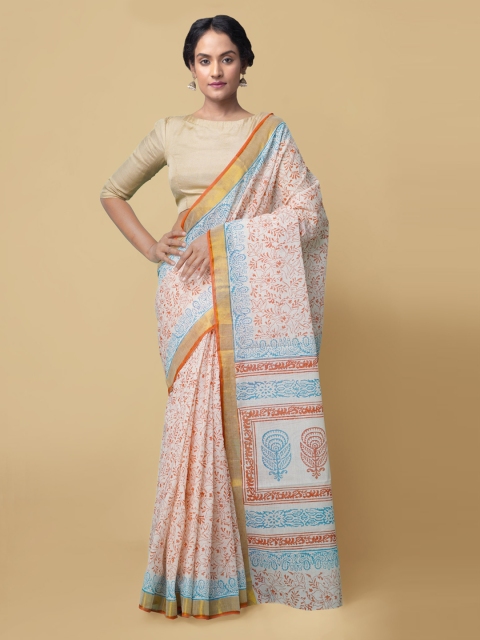 

Unnati Silks Cream-Coloured Printed Kasavu Saree