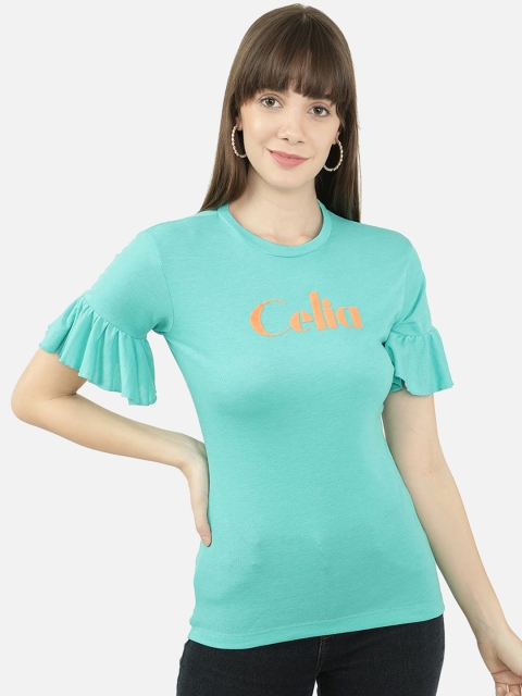 

V2 Value & Variety Green Printed Bell Sleeves Chambray Regular Top