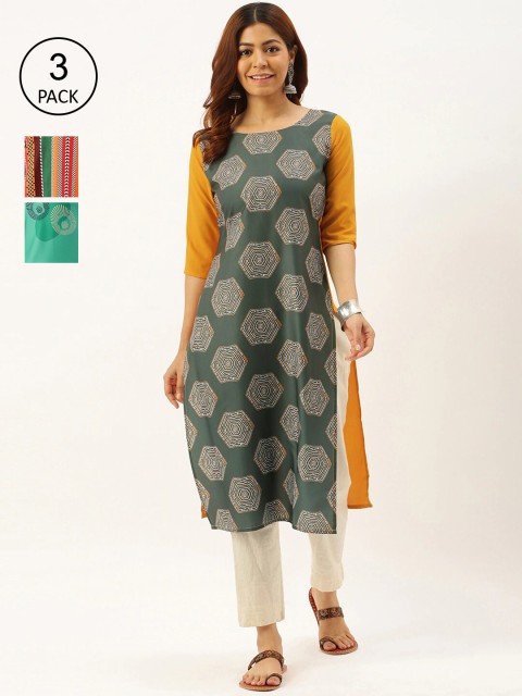 

7Threads Women Pack of 3 Multicoloured Ethnic Motifs Printed Flared Sleeves Crepe Kurta, Multi