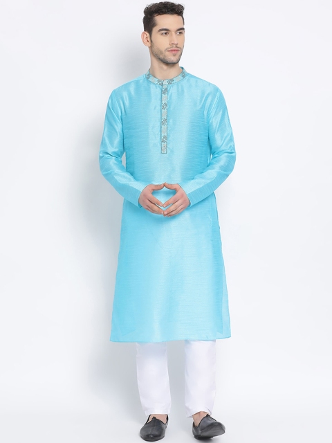 

DEVOILER Men Blue Silk Solid Kurta